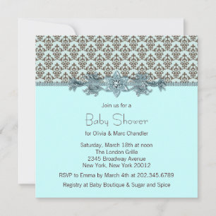 Teal Blue Brown Damask Baby Shower Invitation