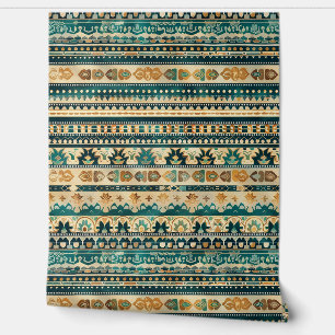 Teal Blue Brown Ornamental Striped Pattern Wallpaper
