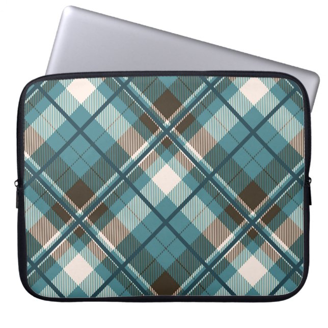Teal Blue Brown Plaid Laptop Sleeve (Front)