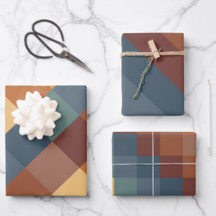 TEAL BLUE BROWN TAN YELLOW FALL AUTUMN PATTERNS WR WRAPPING PAPER SHEET