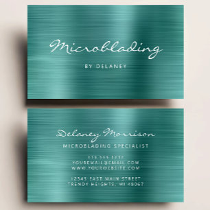 Teal Blue Brushed Metal Script Microblading Business Card