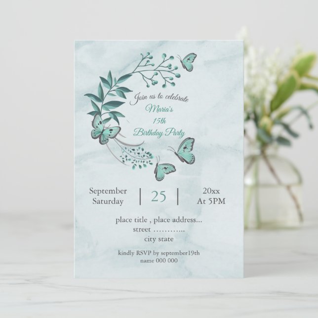 teal blue butterflies botanicals birthday party invitation (Standing Front)
