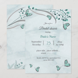 teal blue butterflies & leaves bridal shower invitation