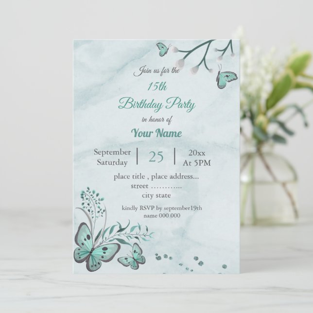 teal blue butterflies leaves floral birthday party invitation (Standing Front)