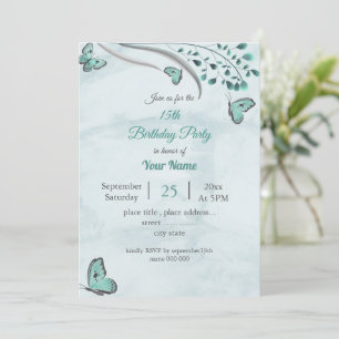 teal blue butterflies leaves floral birthday party invitation