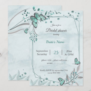 teal blue butterflies leaves floral bridal shower invitation