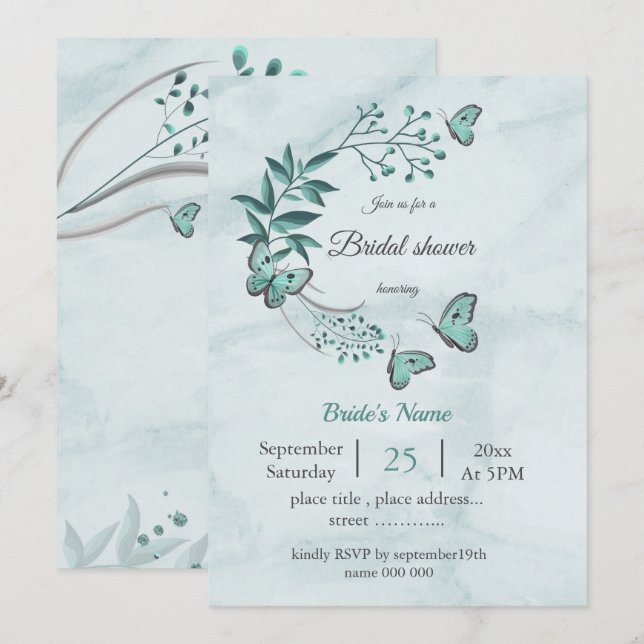 teal blue  butterflies leaves floral bridal shower invitation (Front/Back)