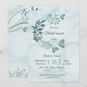 teal blue butterflies leaves floral bridal shower invitation