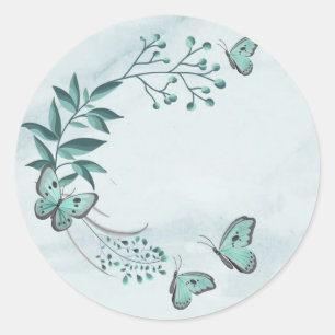teal blue butterflies leaves floral classic round sticker