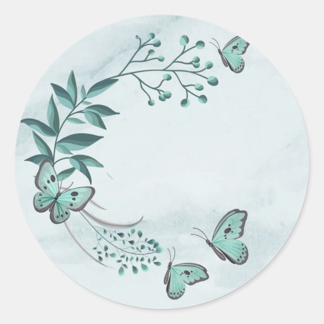 teal blue butterflies leaves floral classic round sticker (Front)