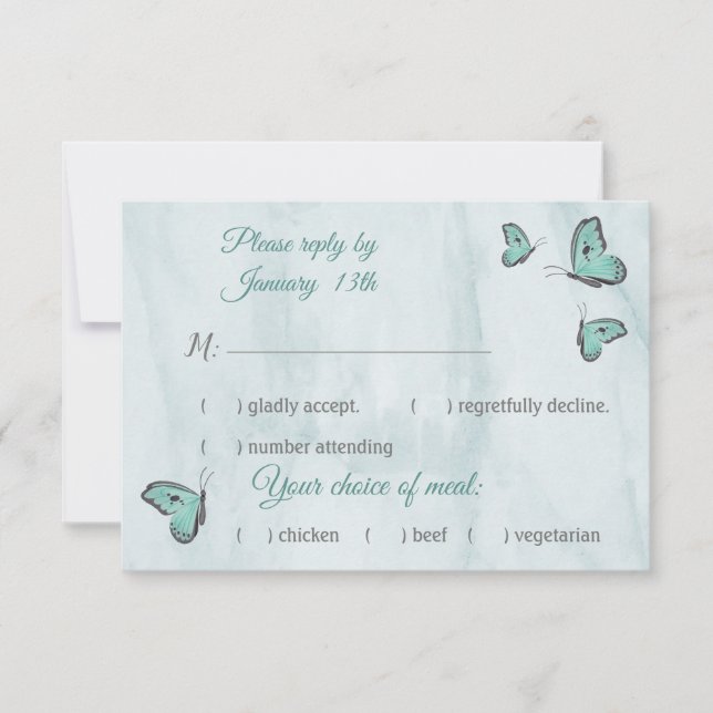 teal blue butterflies response rsvp card (Front)