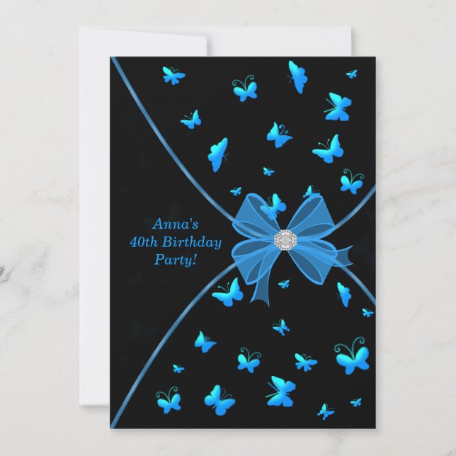 Teal Blue Butterfly 40th Birthday Party Invitation (Front)