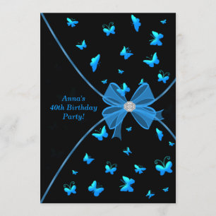 Teal Blue Butterfly 40th Birthday Party Invitation