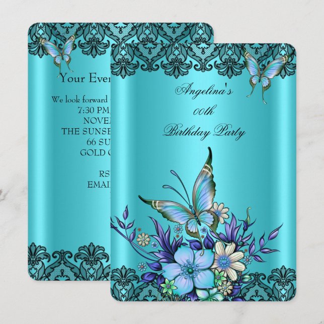 Teal Blue Butterfly Floral Black Lace Birthday Invitation (Front/Back)