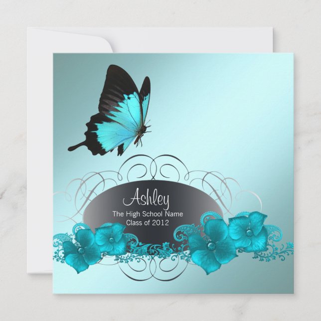 Teal Blue Butterfly Graduation Announcements (Front)