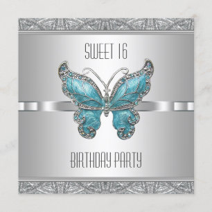 Teal Blue Butterfly Sweet 16 Birthday Party Invitation