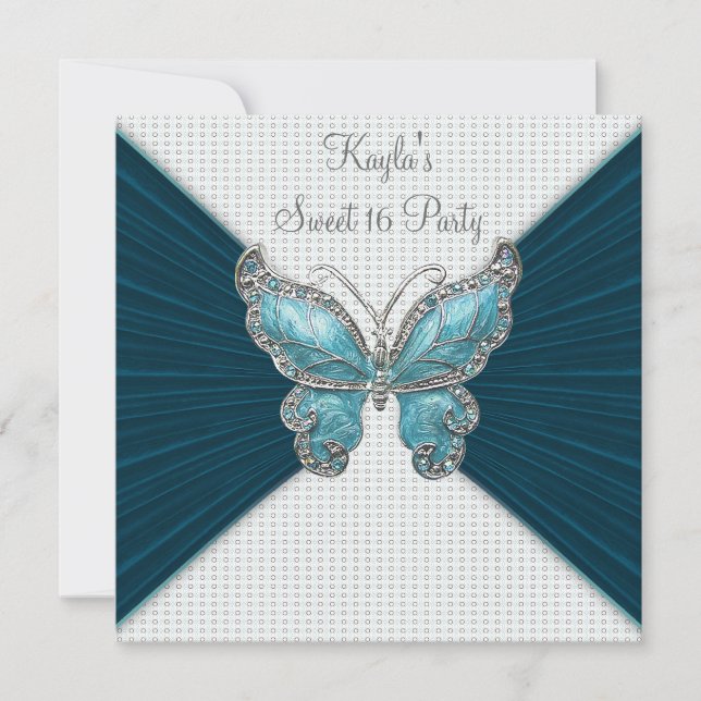 Teal Blue Butterfly Sweet Sixteen Birthday Party Invitation (Front)