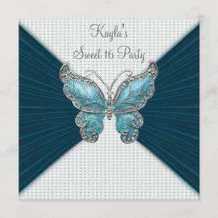 Teal Blue Butterfly Sweet Sixteen Birthday Party Invitation