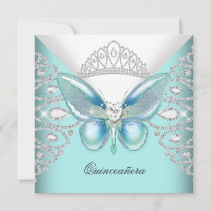 Teal Blue Butterfly Tiara Quinceanera 15th Party Invitation
