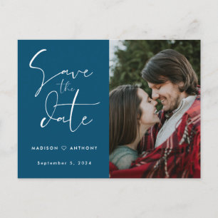 Teal Blue Calligraphy Save the Date Wedding Photo Invitation Postcard