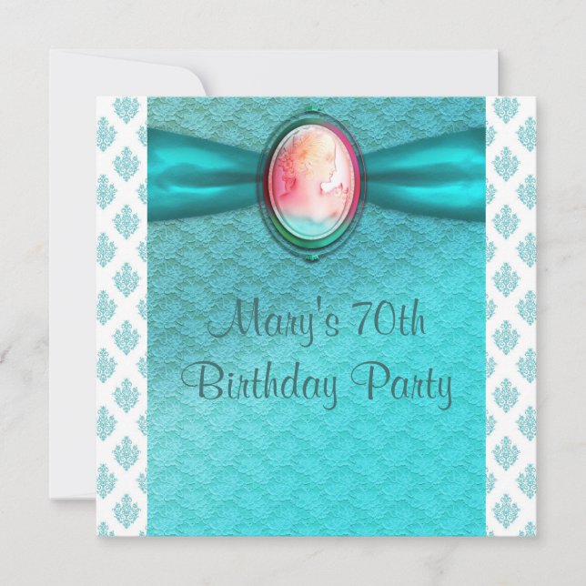 Teal Blue Cameo Womans 70th Birthday Party Invitation (Front)