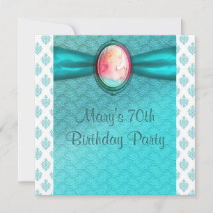 Teal Blue Cameo Womans 70th Birthday Party Invitation