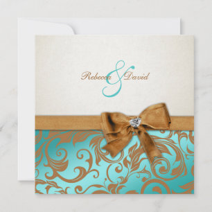 Teal Blue & Caramel Damask with diamond bow Invitation