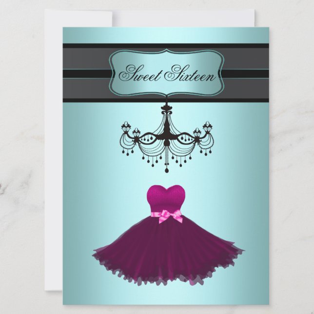 Teal Blue Chandelier Sweet Sixteen Birthday Party Invitation (Front)