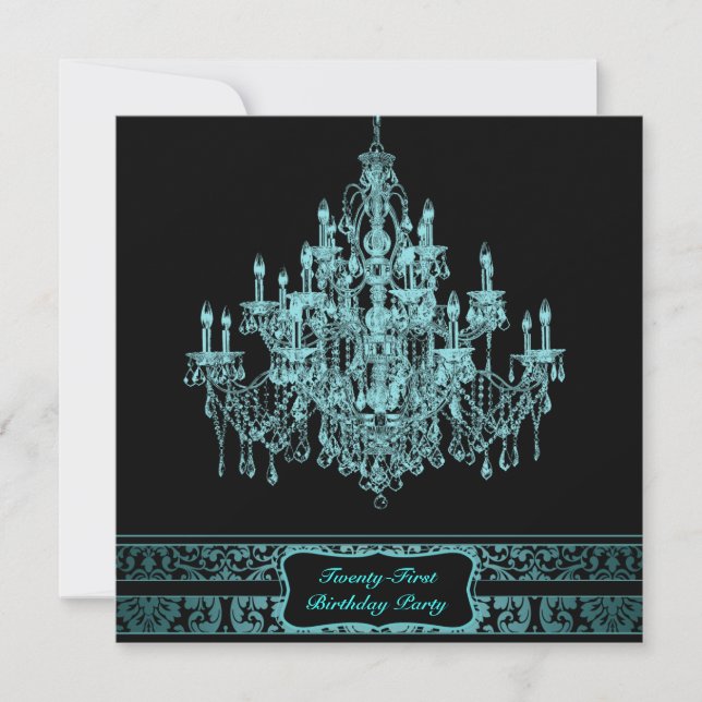 Teal Blue Chandelier Womans 21st Birthday Party Invitation (Front)