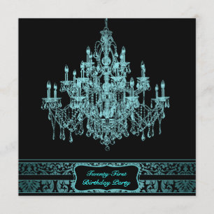 Teal Blue Chandelier Womans 21st Birthday Party Invitation