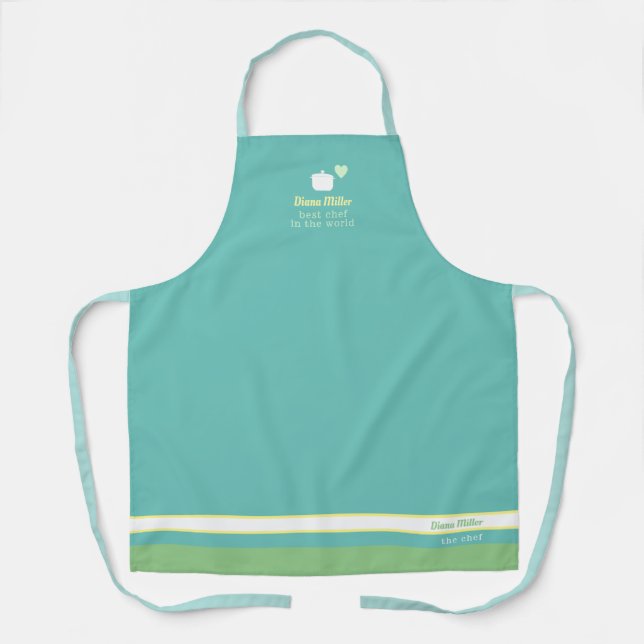 teal blue chef apron with her name (Front)