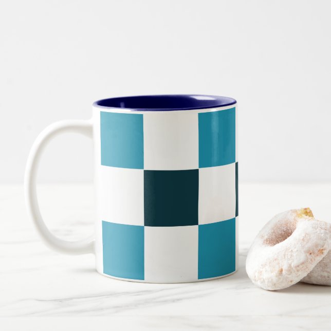 Teal Blue Chequerboard Two-Tone Coffee Mug (With Donut)