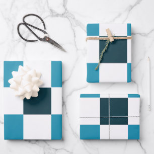 Teal Blue Chequerboard Wrapping Paper Sheet