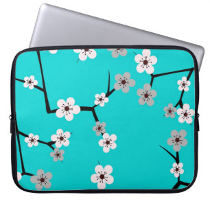 Teal Blue Cherry Blossom Print Laptop Sleeve