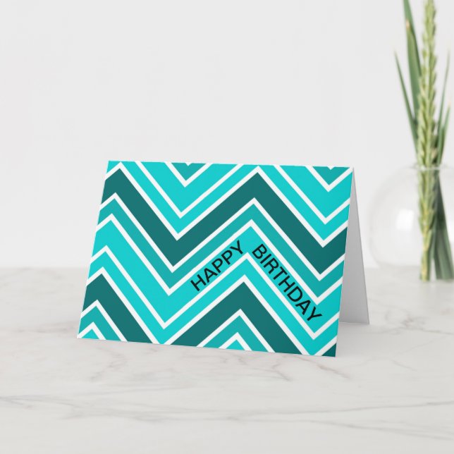 Teal Blue Chervon Pattern Zig Zag Happy Birthday Card (Front)