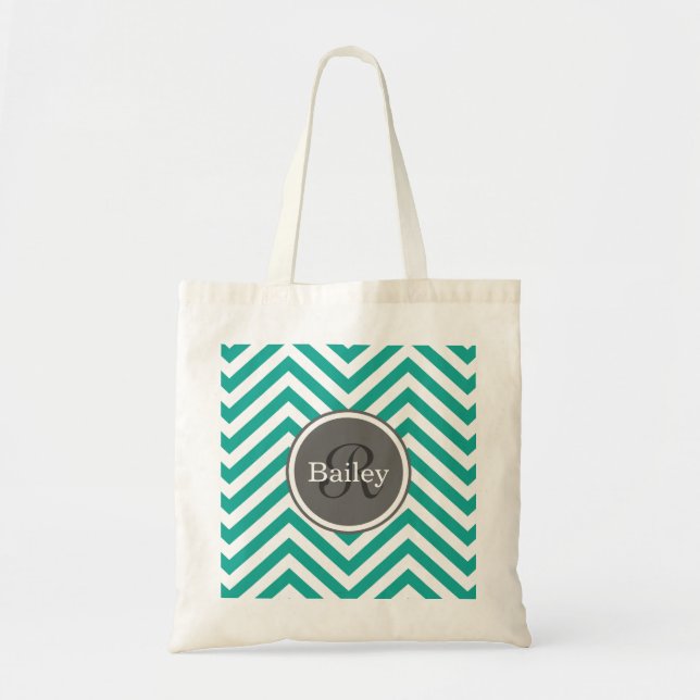 Teal Blue Chevron Monogram Tote Bag (Front)