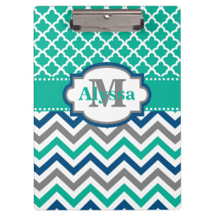 Teal Blue Chevron Quatrefoil Personalised Clipboard