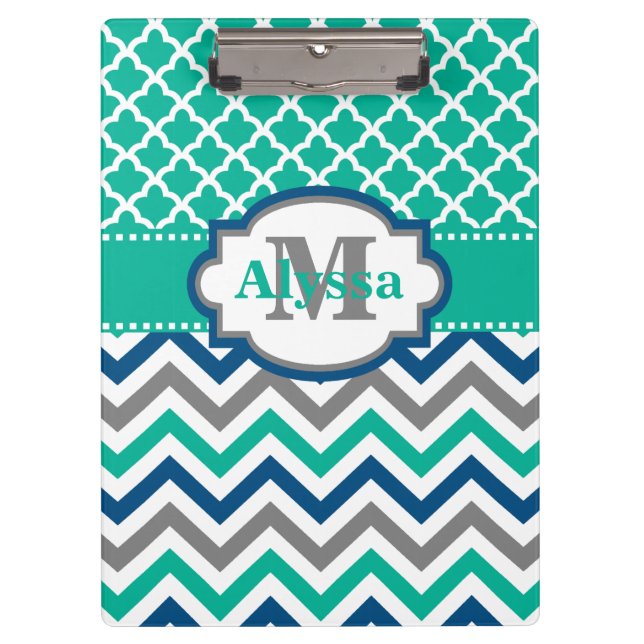 Teal Blue Chevron Quatrefoil Personalised Clipboard (Front)