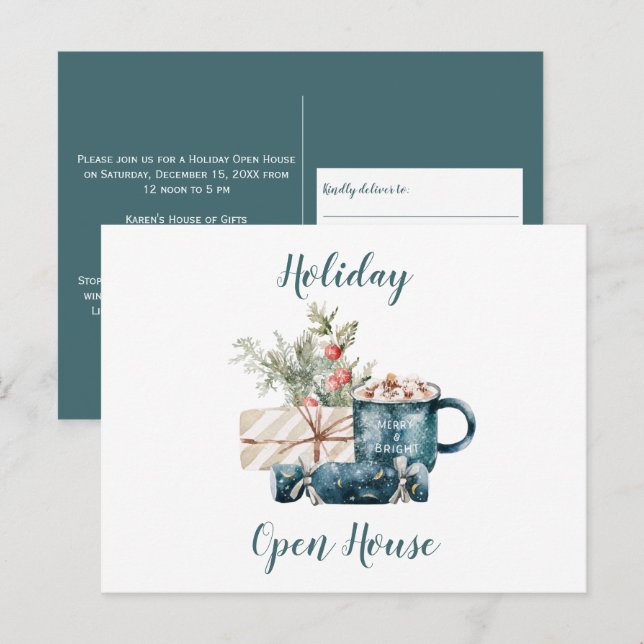 Teal Blue Christmas Holiday Open House Postcard (Front/Back)