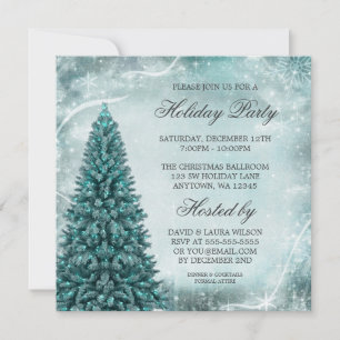 Teal Blue Christmas Tree Holiday Party Invitation