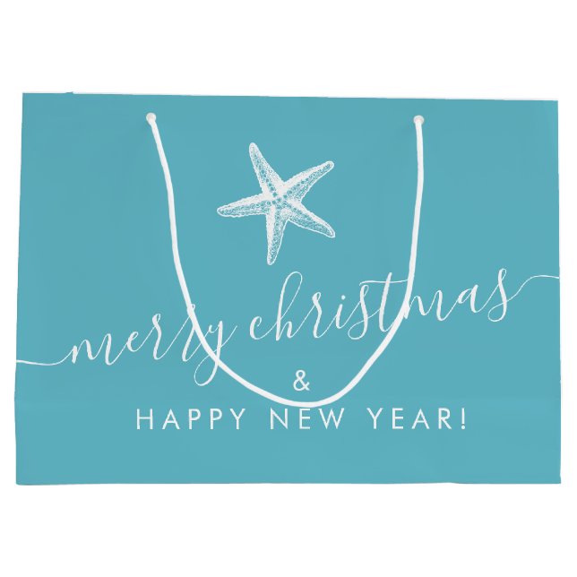 Teal Blue Coastal Christmas Starfish Personalised Large Gift Bag (Back)