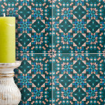 Teal Blue Coral Intricate Symmetrical Geometry  Tile<br><div class="desc">This ceramic tile is a captivating piece of artistry, boasting an intricate geometric pattern that immediately draws the eye. The design is symmetrical and features a harmonious blend of teal, dark blue, and coral hues, creating an elegant kaleidoscope effect. The pattern is composed of meticulously crafted petal-like shapes and squares...</div>