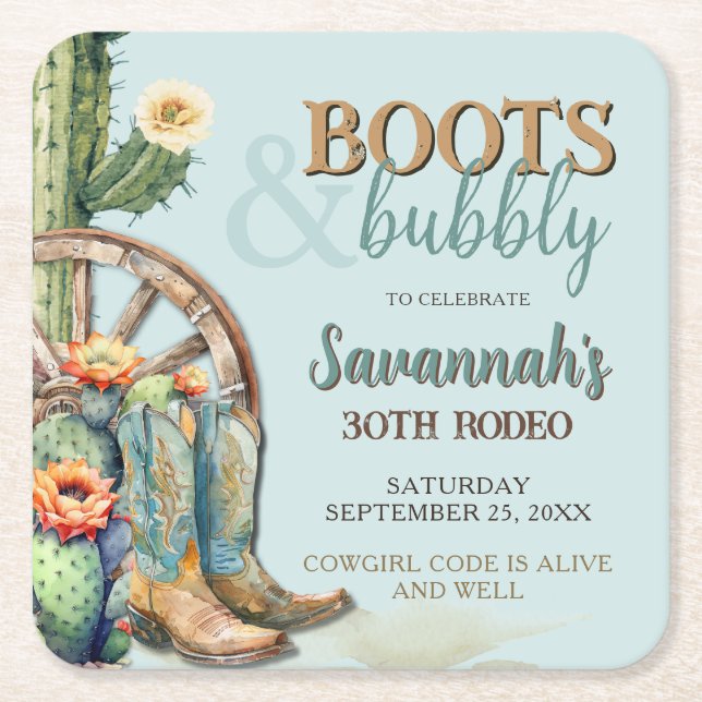 Teal Blue Country Rodeo Cowgirl Cactus Birthday Square Paper Coaster (Front)