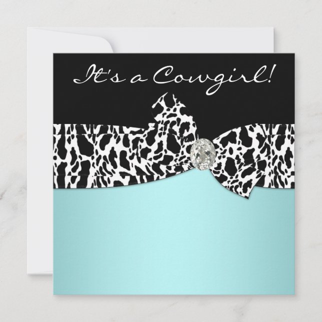 Teal Blue Cow Print Cowgirl Baby Shower Invitation (Front)