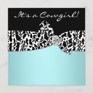 Teal Blue Cow Print Cowgirl Baby Shower Invitation