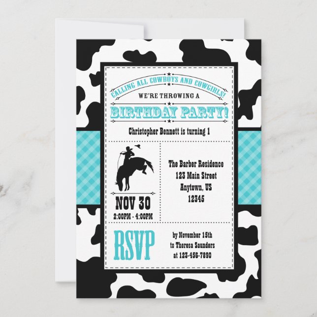 Teal Blue Cowhide Cowboy Birthday Invitation (Front)