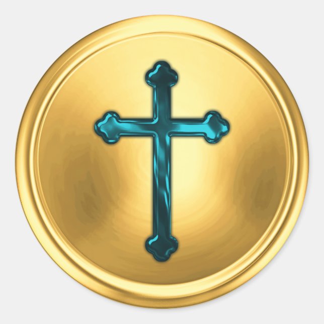 Teal Blue Cross on Gold Envelope Seal Sticker (Front)
