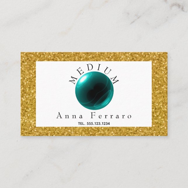 Teal Blue Crystal Ball & Gold for Fortune Telling Business Card (Front)