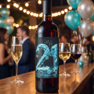 Teal Blue Crystal Faceted 21st Birthday Party Wine Label