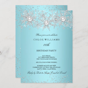 Teal Blue Crystal Pearl Snowflake Silver Winter Invitation